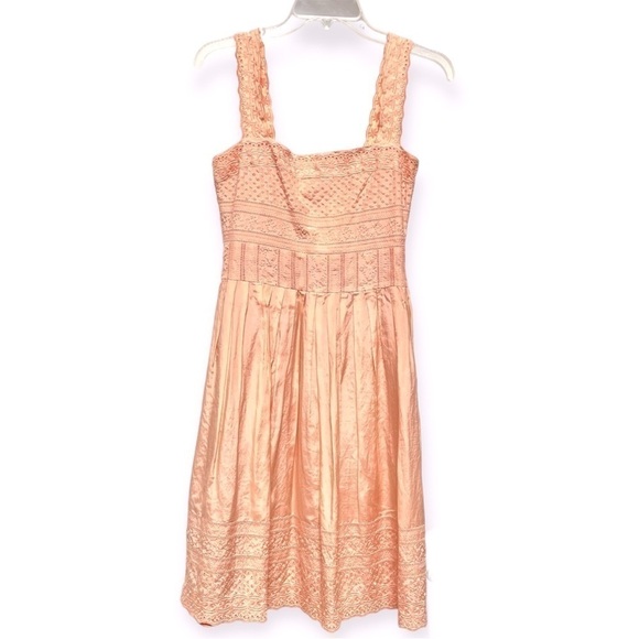 Antonio Melani Peach Square Neck Dress Size 2 Silk Cotton Midi Formal Lined - Picture 2 of 9